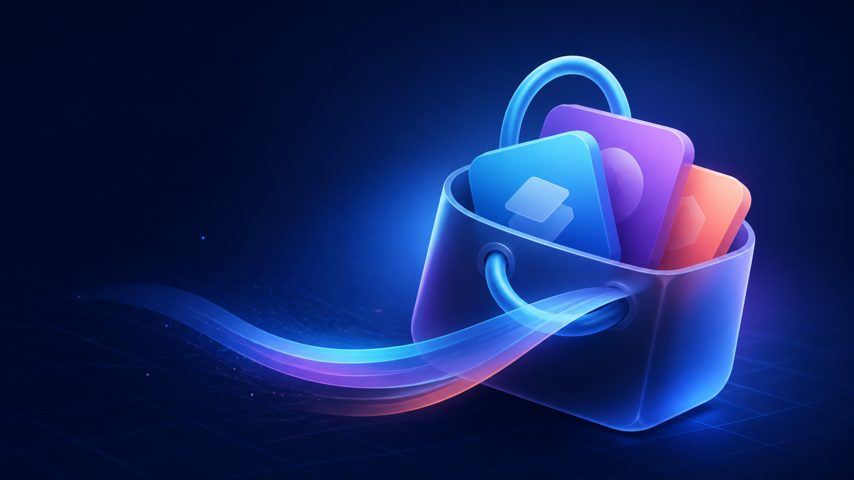A glowing app bag filled with colorful app tiles